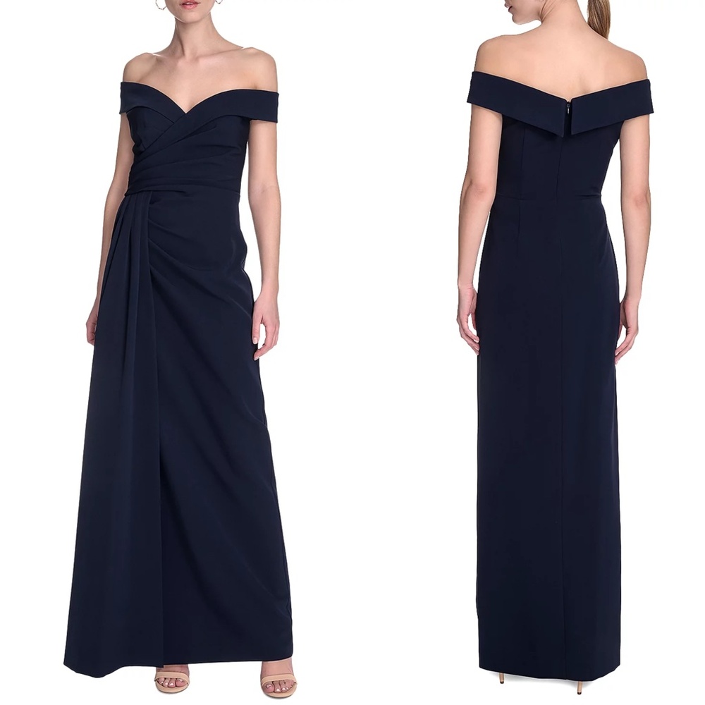 Eliza J Off‑Shoulder Navy Blue Maxi Gown